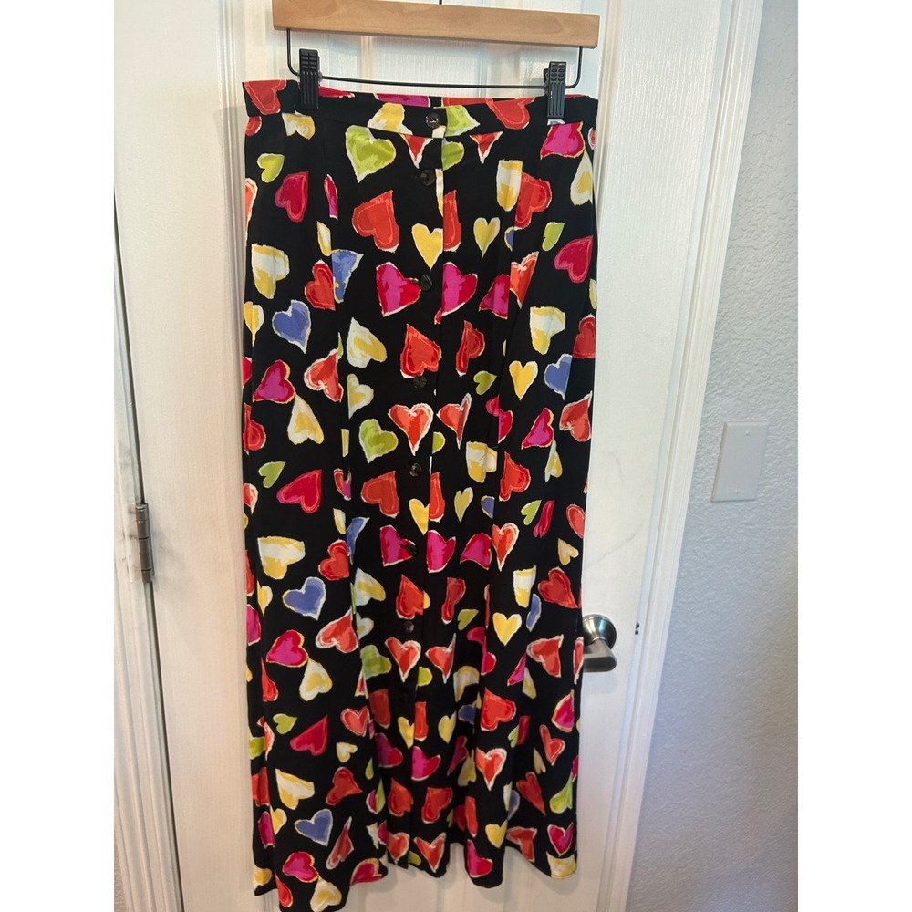 Coldwater Creek Maxi‎ Skirt Black Multi Color Heart Print Button Front Rayon M